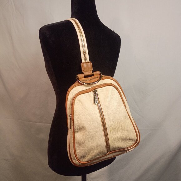 Y2K VALENTINA Convertible Sling Bag Day Pack Ivory Pebbled Leather Brown Trim - Picture 1 of 15